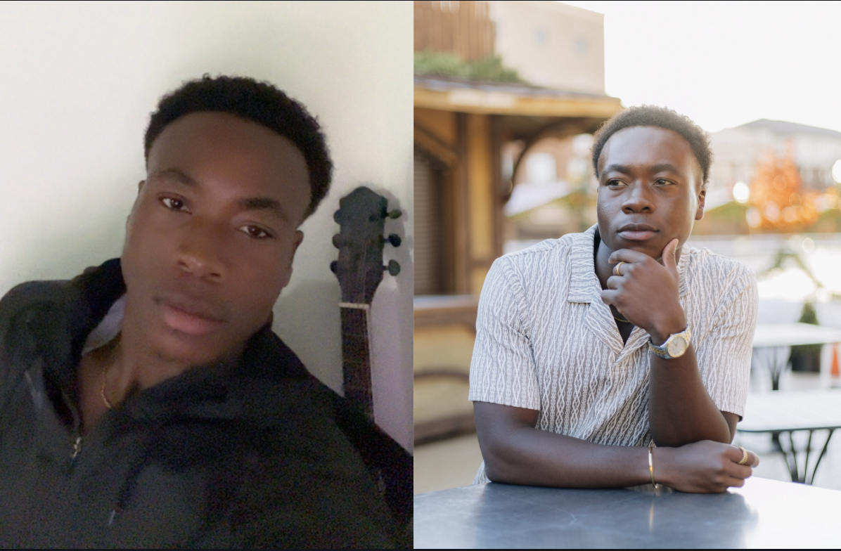 Client before and after photo transformation, indoor selfie to outdoor portrait