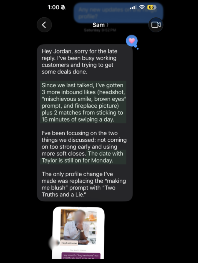 Sam: more inbound likes, better matches, and a date still on after photo and prompt updates