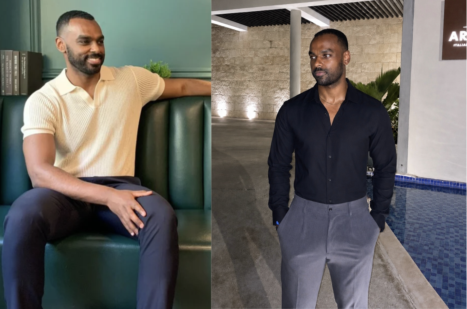 Client before and after photo transformation, seated to standing portrait