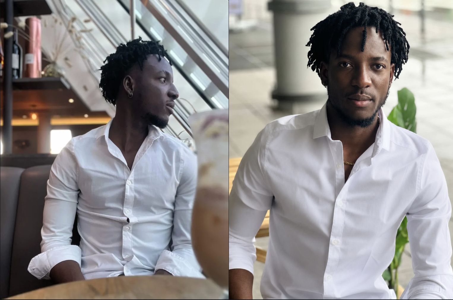 Client before and after photo transformation, white shirt portrait