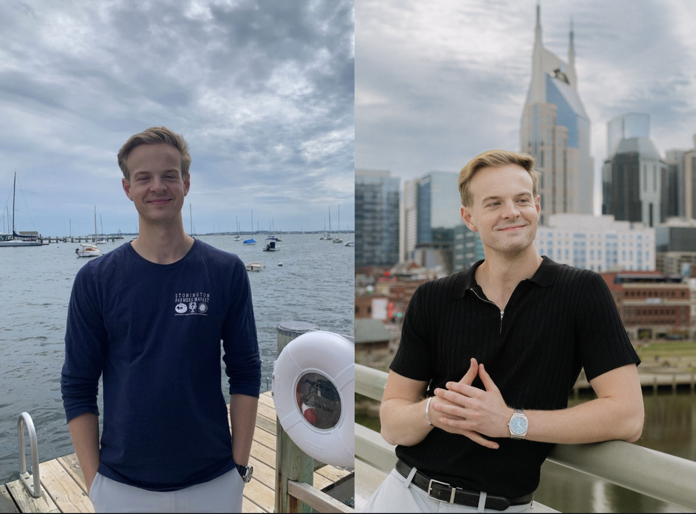 Client before and after photo transformation, waterfront portrait