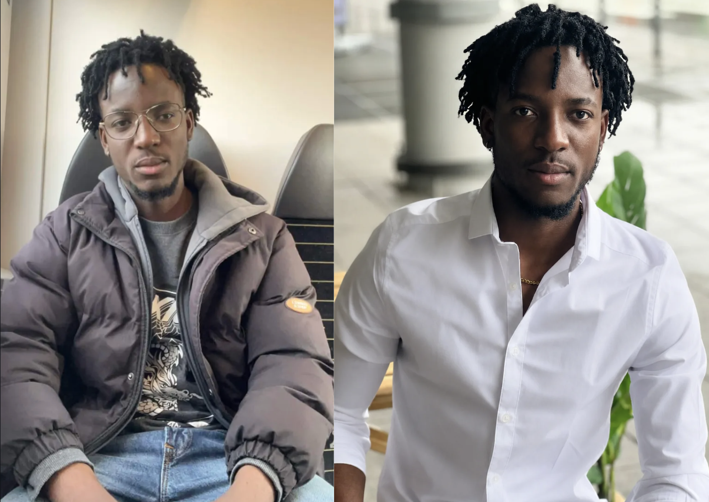 Client before and after photo transformation, styled portrait with glasses and crisp white shirt