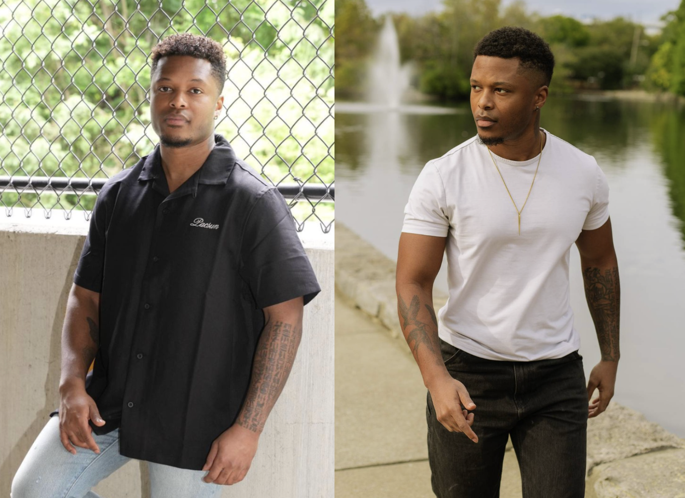 Client before and after photo transformation, black shirt to white tee portrait